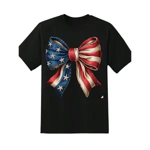 Patriotic American Flag Bow T Shirt Women Independence Day Celebration Casual Graphic Tee Fourth Of July Party Outfit Red White Blue Stars And Stripes Design