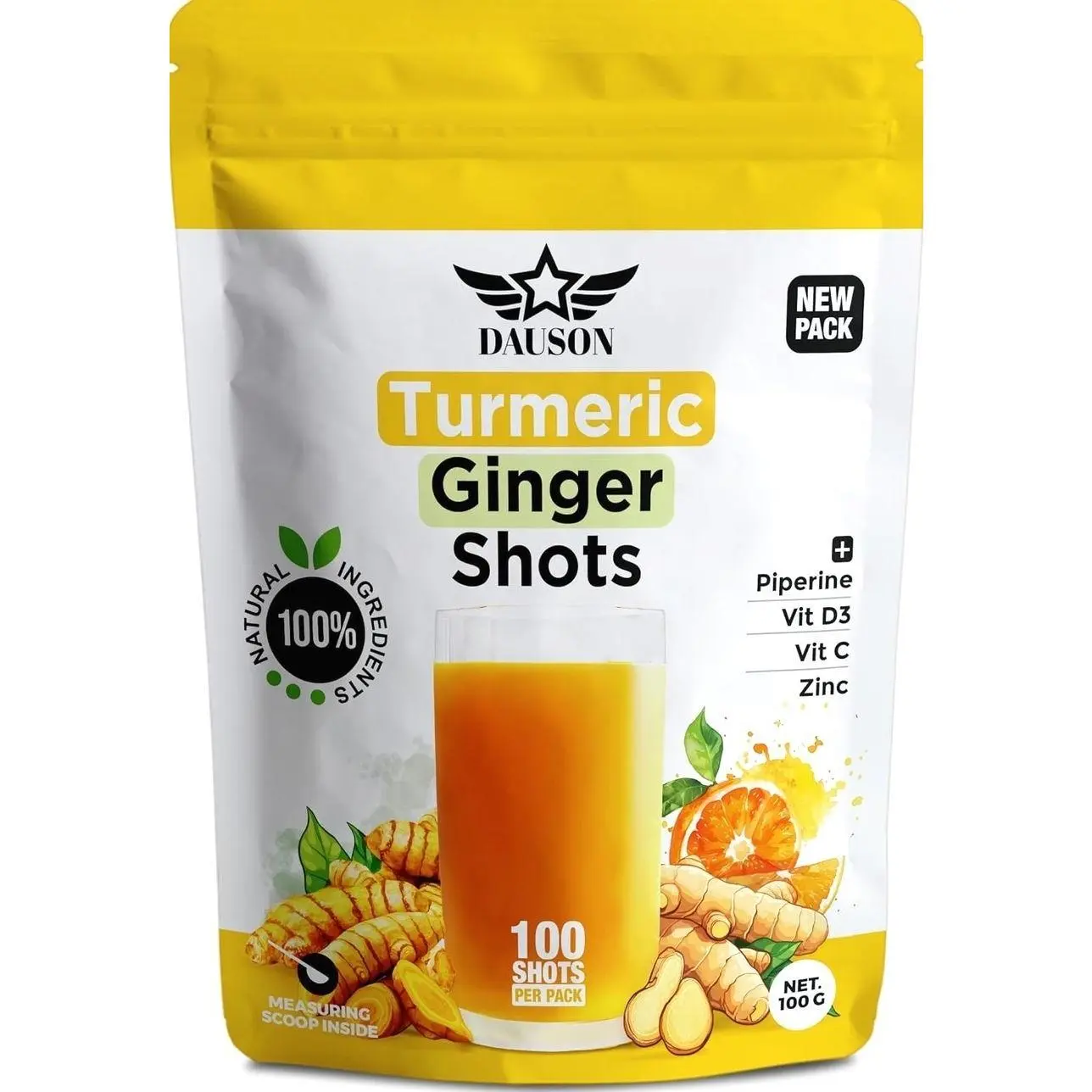 Turmeric Ginger Supplements with Piperine, Vitamin C, Vitamin D3 & Zinc | 100 Servings of Ginger Turmeric Shots for Joint, Heart, Brain, Gut & Skin Health | Ayurved | Powder