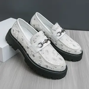 Men's Slip-On Loafers with Decorative Buckle - Upper & Rubber Sole, Low-Top White Casual Shoes for Nightclub, Office, or Casual Attire, Dressy Shoes, Embellished Sole, Durable Traction Footwear Boy Flat