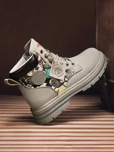 Men's Autumn New British Style Vintage Print Patchwork Casual Comfort Outdoor Thick Sole Anti-Slip Work Boots High Top Boots