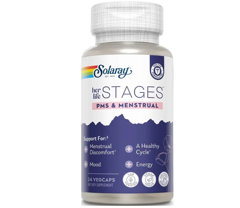 Solaray PMS & Menstrual her life STAGES - PMS Support Supplement for Women with Cramp Bark, Vitex Chasteberry - Made Without Hormones - 60-Day Guarantee - Vegan, Lab Verified - 24 Servings, 24 VegCaps