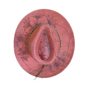 Rustic Brimmed Suede Hat with Barbed Wire and Flower Accents, Burnt Detail, Unisex Fit, 1 Size