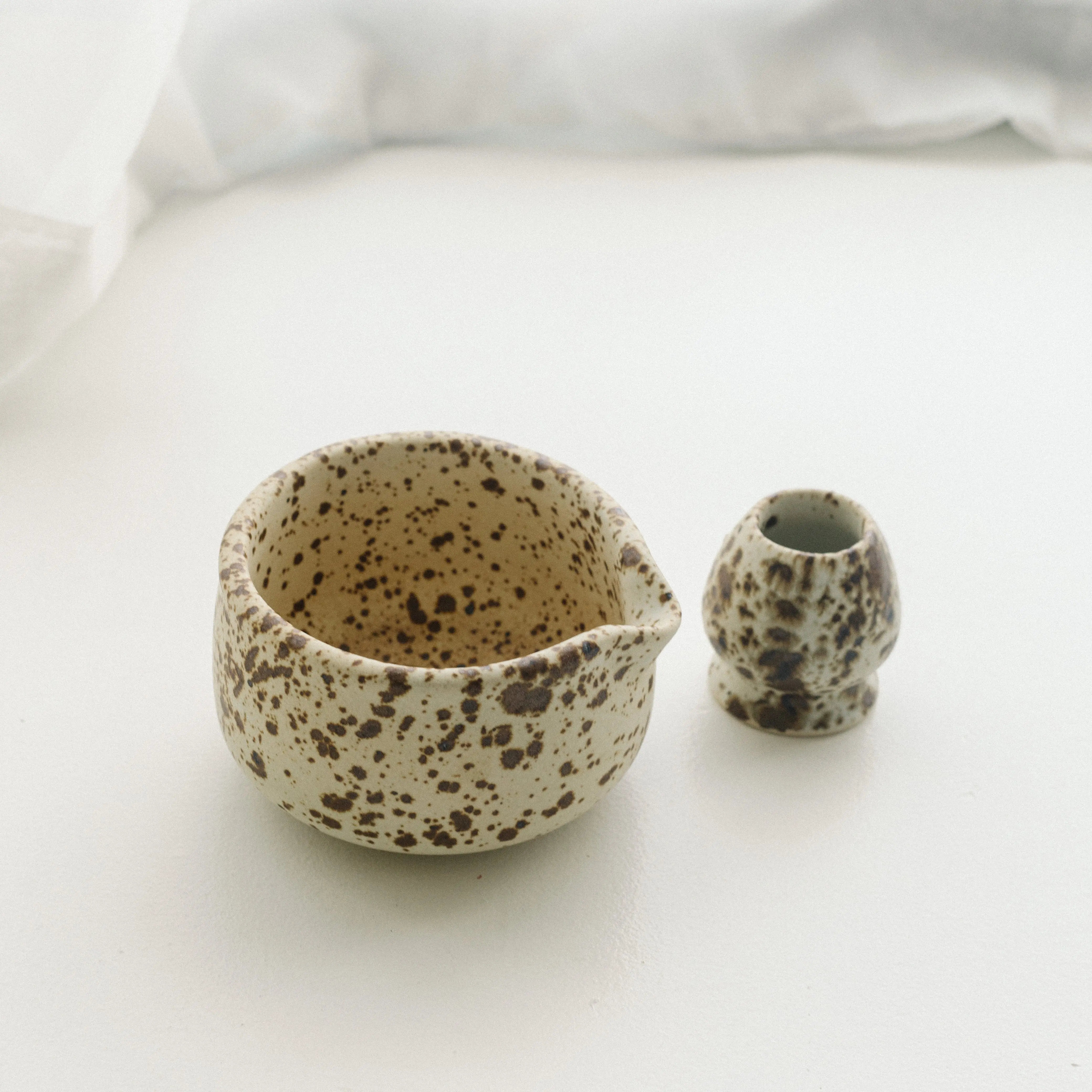 Tierra 2-Piece Speckled Rustic Ceramic Tea Set - Handmade Matte Finish Matcha Bowl, Whisk Holder for Daily Kitchen Tea-Making Use, Two Pieces