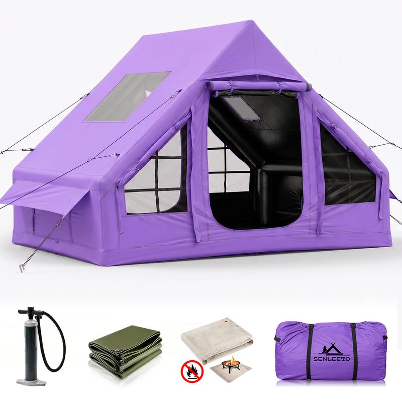 SENLEETO Inflatable Camping Tent - Luxury 2-4 Person Blow Up Cabin with 99% Blackout, Skylight, AC Port & Stove Jack, PVC+420D Oxford Waterproof Floor, Quick 5-Min Setup for Outdoor Glamping (68 sq ft)