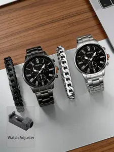 4pcs/Set Minimalist Casual Men's Quartz Analog Watch, Casual Wristwatch Set, Men's Silver Jewelry Accessories Set (Includes 2 Black/Silver Metal Straps, Blue Dial, Roman Numerals And Date Display Quartz Watch; 2 Black/Silver Chain Bracelets)