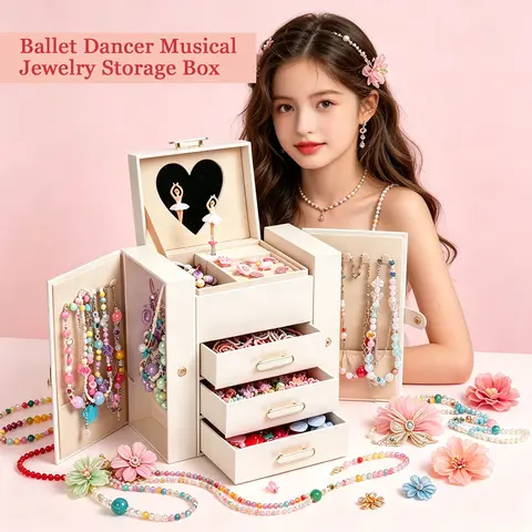BOOVO Ballerina Musical Jewelry Box Organizer for Girls,Premium White Leather Jewelry Case with Heart Mirror & Multi Drawers. Wind-Up Music Box Side Doors Necklace Holder,Perfect Kids Elementary School Graduation Gift for Her