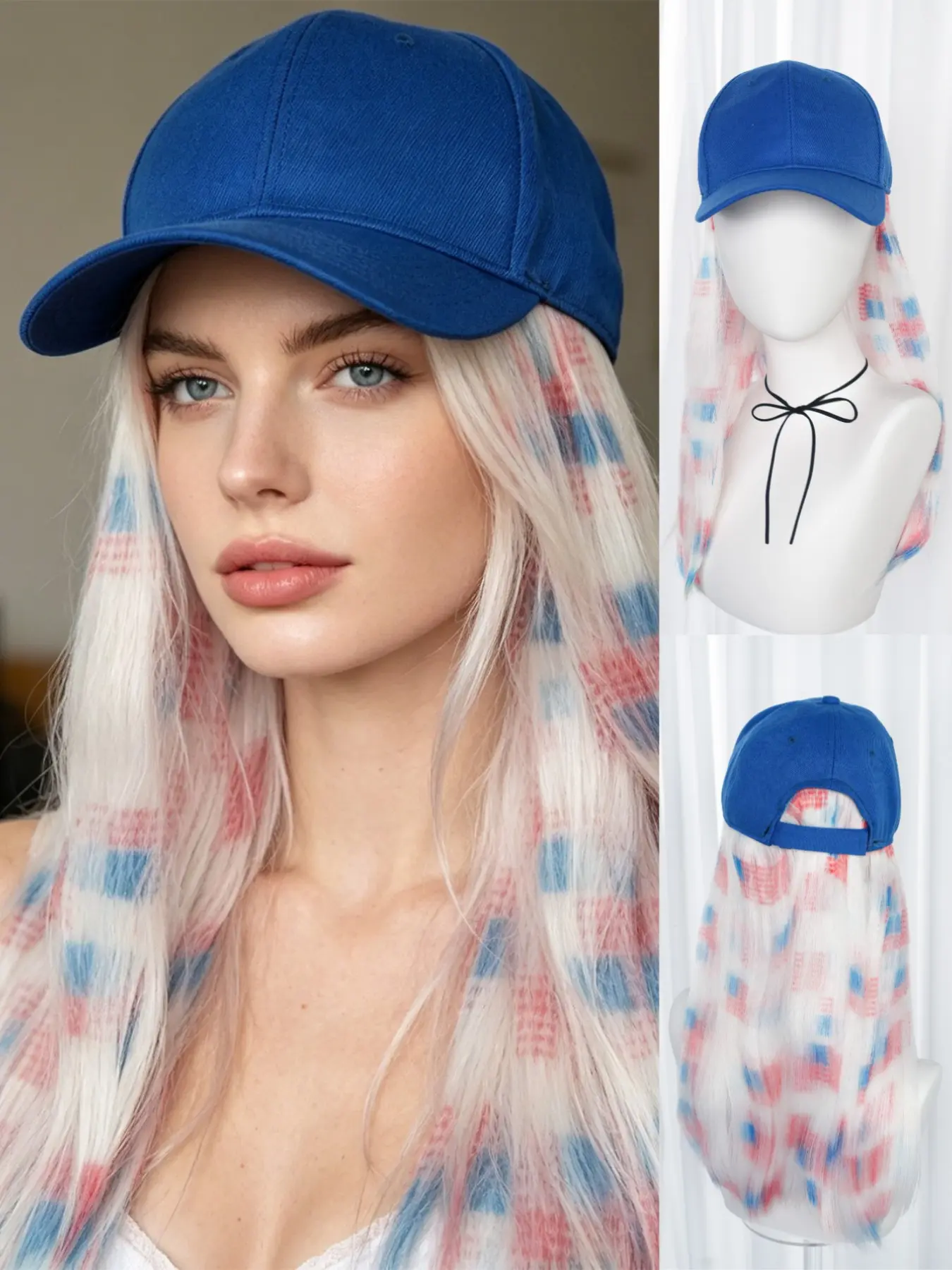 Blue Baseball Cap with Long Wig, Hair with & Blue Highlights, Synthetic Wig Hat Combo for Women, Patriotic Style for Festivals