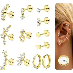 YADOCA 12Pcs Helix Piercing Jewellery Surgical Steel Flat Back Earrings for Women Helix Earring Stud Hoop Earrings Cartilage Earrings Silver Gold Tragus Daith Conch Piercing Jewellery