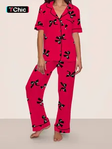Women's Sleepwear Loungewear Set in Rose, Bow Print Collar Shirt and Long Pants, Stylish Casual Dress for All Seasons, Comfortable Fitted Pajamas