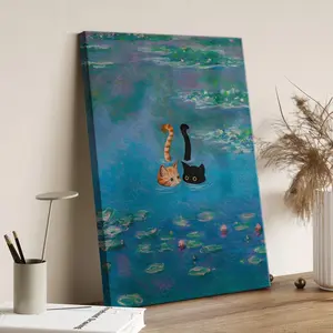 Black and Orange Cat Print Monet Waterlily Funny Wall Art Poster for Home Valentines Day Decor