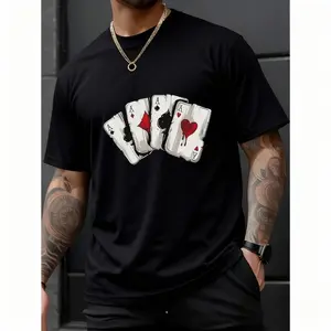 [100% Cotton] Men'S Casual Cotton T-Shirt With Playing Card Print, Crew Neck, Short Sleeve, Slight Stretch, Knit Fabric, 180Gsm, For Hiking & Outdoor, Sports, Weekend - Black T-Shirt For Men And Women