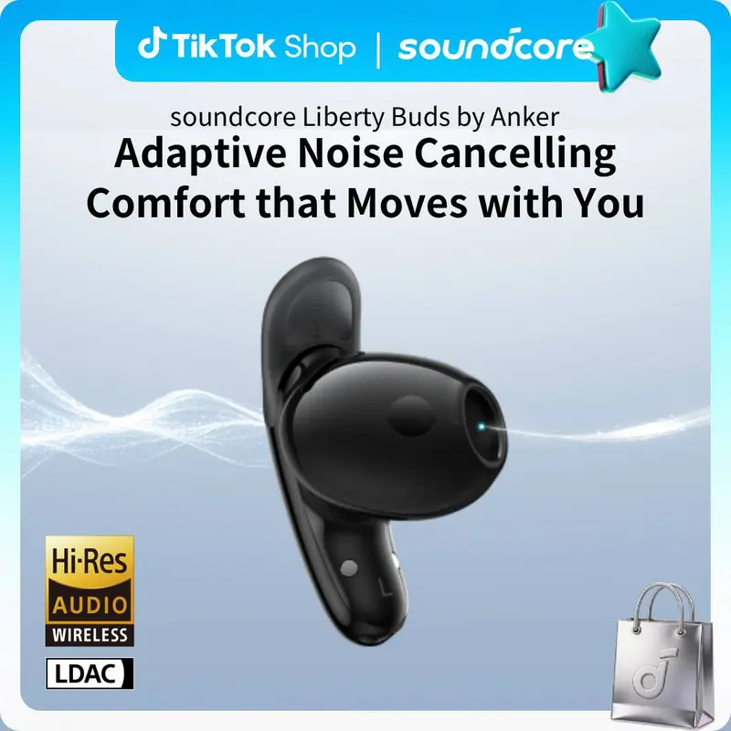 Soundcore by Anker Liberty Buds Semi-In-Ear Waterproof Wireless Noise Cancelling Headphones - Active Adaptive ANC, Spatial Audio, 30H Total Playtime, 7H Standard Mode, 6H ANC On, Fast Charging Batteries, Secure Fit for On-the-Go #tiktokshopsummersale