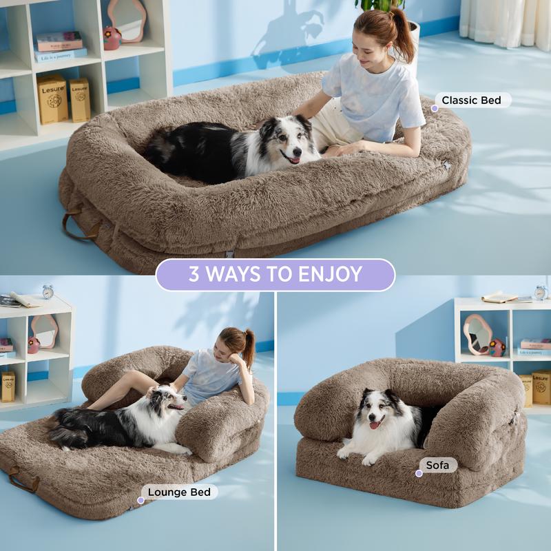 Lesure Luxury Warm Foldable 3-in-1 Flexible Giant Human Dog Bed Cozy Fluffy Faux Fur Lounge Sofa with Supportive Bolster Egg Foam Soft Plush Calming Orthopedic Bed for Winter Comfort Classic Lounge Sofa Options TikTokShopBlackFriday Choice