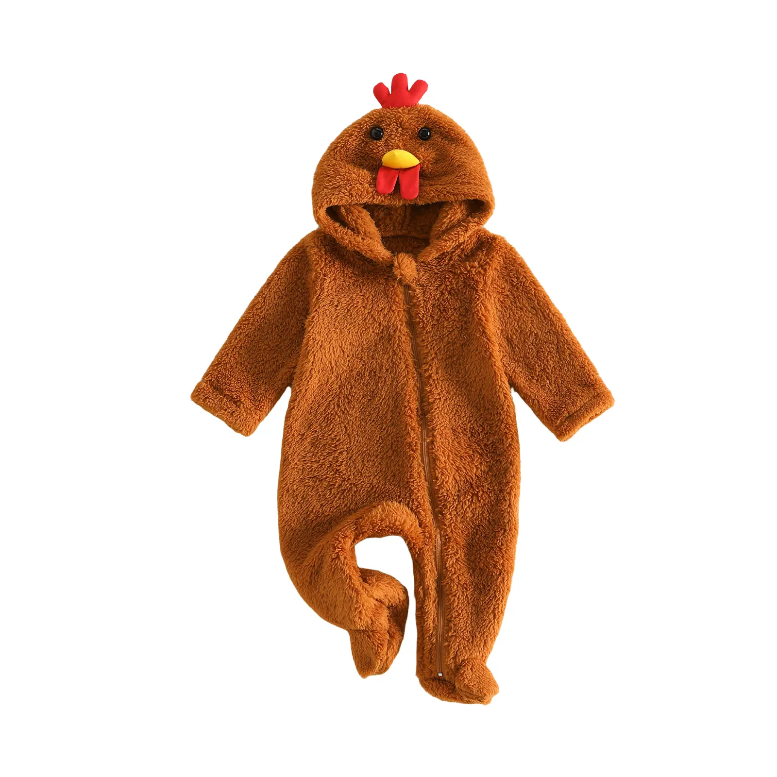 Newborn Baby Boy Girl Turkey Thanksgiving Plush Long Sleeve Zip Up Hooded Footed Jumpsuit Halloween Cosplay Outfit 0-6 Months