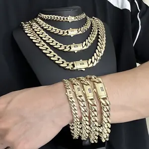 8-14MM Black S Clasp 14K Gold Cuban Link Chain Necklace Bracelet Set For Men Chunky Hip Hop Jewelry Stainless Steel Chain