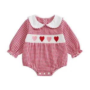 My First Valentines Day Baby Girl Outfit Newborn Heart Plaid Print Romper Onesie Long Sleeve Smocked Bubble Romper