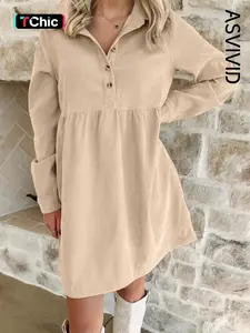 Women's Casual Corduroy Half Button Collared Long Sleeve Mini Dress, Fall & Winter Fashion, Comfortable Daily Wear