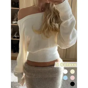 Cream-colored off-shoulder long-sleeve knit top for women, soft elastic ribbed sweater, casual elegant autumn/winter fashion womenswear