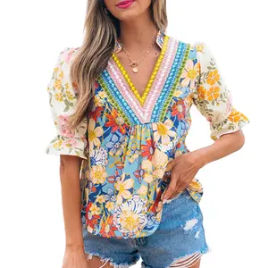 Asvivid Women's Cute Summer Boho Tops Crochet Floral Pop V Neck Half Sleeve Embroidery Bohemian Blouse Shirt Top Casual Vacation Outfits