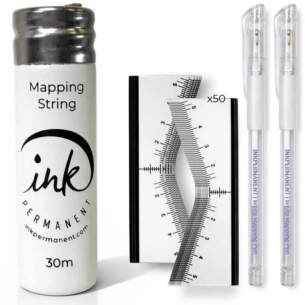 Ink Permanent Brow Mapping Kit, Pre-Inked String, 2 Pens, 50 Rulers | 30m mapping string, 2 white pens and 50 rulers help create clean guide lines for PMU, microblading and brow design.