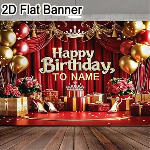 2D flat banner, 1pcRed & Gold Happy Birthday Backdrop, Festive Party Decor with Crowns, Balloons, Gift Boxes & Roses for Birthday Celebration, Birthday Party Decorations