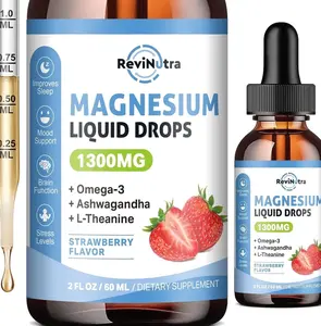 Triple Magnesium Complex Liquid Drops, 1300mg Magnesium Glycinate, Taurate & Citrate with Omega3, L-Theanine, Ashwagandha, Potassium, D3, B6, B12 for Calm, Sleep, Muscle, Strawberry Flavor, 2 Fl OZ