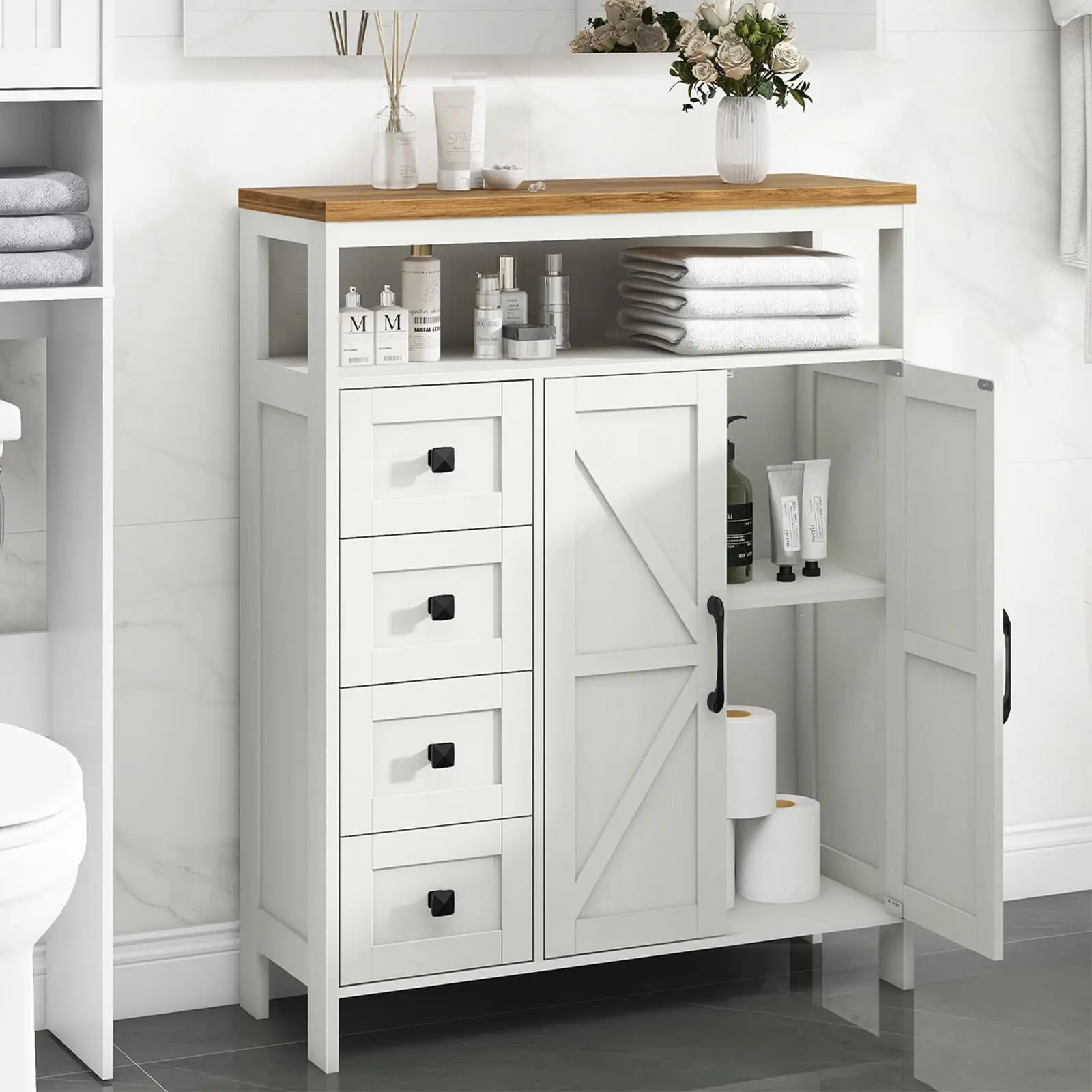 [Summergarden] Vabches Farmhouse Storage Cabinet with 2 Doors and 4 Drawers, Freestanding Bathroom Storage Cabinet Kitchen Pantry Cabinet, Floor Storage Cabinet Hutch Cupboard for Living Room/Bathroom and Kitchen