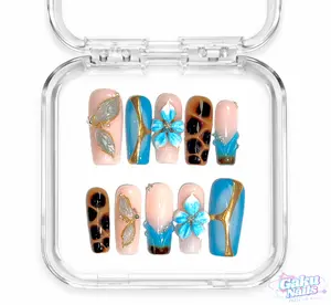 GakuNails SOFT TIDE 10 PCS Long Square Handmade Press On 3D Gel Builder Gel Floral Blue Teal Elegant Quality Reusable Eco-Friendly Nails Cute