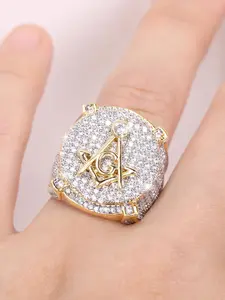 Fashion Hiphop Freemasonry Sign Charms Synthetic Zircon CZ Rings for Men Women, Iced Out Fine Luxury Males Mans AG Letter Charms Ring, Punk Party Jewelry Accessories, Cubic Zirconia Rings