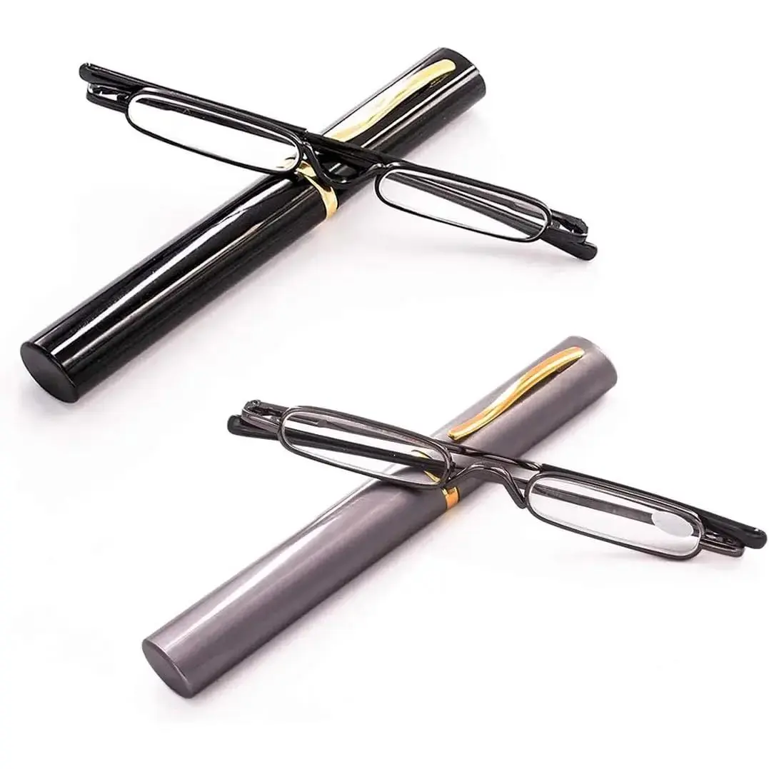 Men's Accessories +1.0 Slim Mini Metal Reading Glasses, Compact Lightweight Portable Readers with Protective Case (2-Pack)