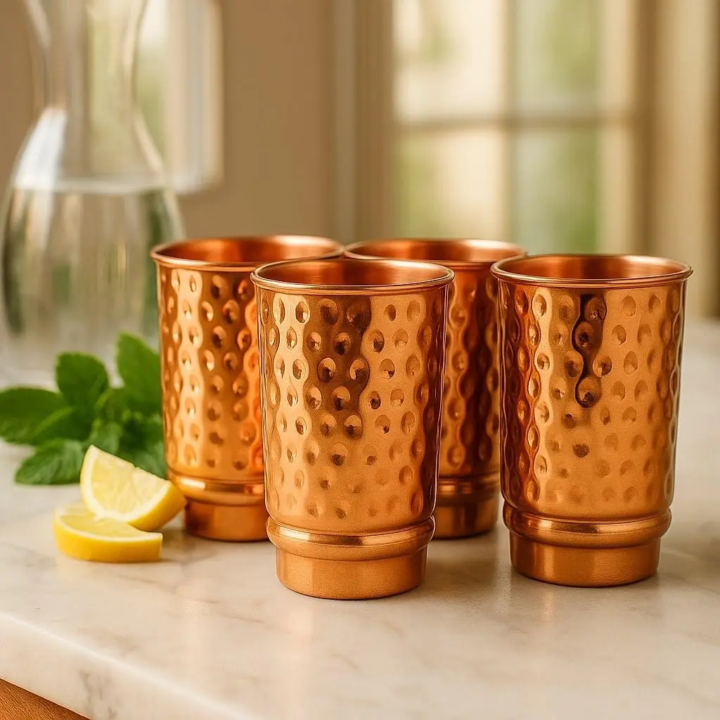 Set of 4 Copper Tumbler | 350 ml / 11.8 Oz 100% Pure Copper Hammered Glasses | Ayurvedic Health Benefits Medicine Cups | Drinking Water Tumblers 4 Pieces | Premium Quality Cup