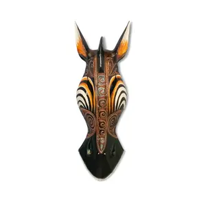 Wooden Tribal African Giraffe Mask Hand Carved Wall Plaque Hanging Home Decor Accent Sculpture Decoration Handmade Handcrafted Swirl Motif