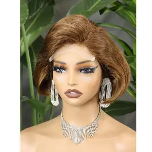 Pixie Cut Human Hair Straight Bob 5x5 Lace Front Wigs ombre brown Side Part Short Pixie Wigs for Black Women Wear and Go Glueless Short Pre Cut Lace With Pre Plucked 300% Density 200g Lace Frontal Wig