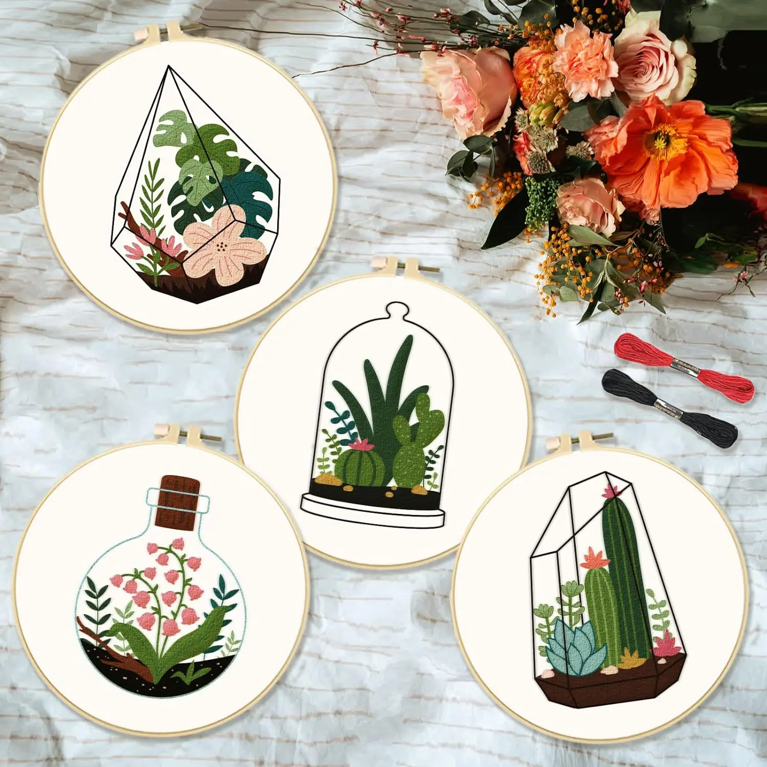 Potted Plant Pattern Embroidery Kit, 4pcs/set DIY Embroidery Kit with Random Color Accessories, Embroidery Supplies for Beginners, with Embroidery Craft, Handicraft, DIY Kits
