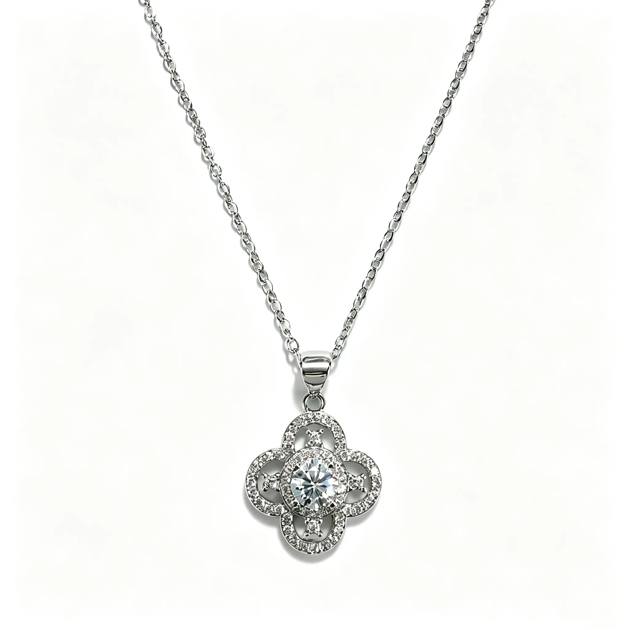 NE9006 Women's Moissanite Necklace, 0.8ct D Color 4-Leaf Clover Cluster Halo Pendant in Hypoallergenic Silver, Casual Jewelry with Adjustable Length