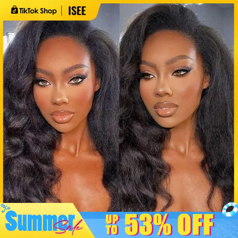 ISEE HAIR Kinky Straight Wear Go Half Wig Yaki Straight Seamless Flip Over Wig Invisible Hairline Glueless Human Wigs Drawstring Wigs Beginner Friendly Vacation Hair Summer Hairstyles#SummerWins #DealsForYouDays