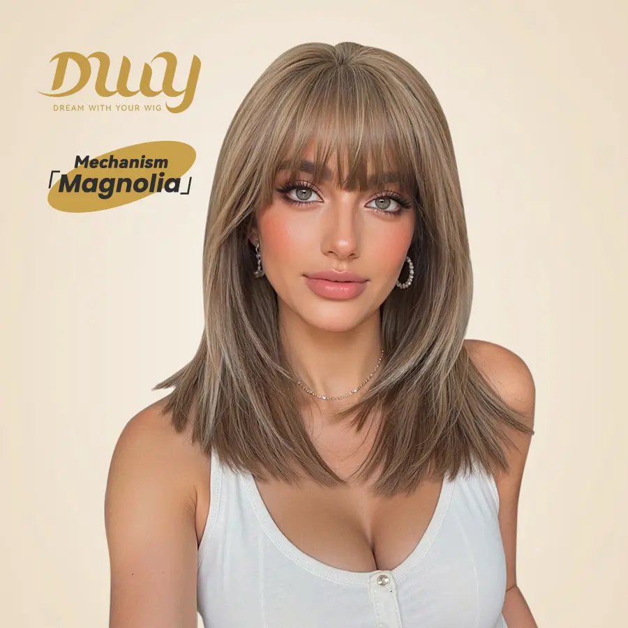Magnolia-DWY Short Length Platinum Layer Cut Glueless Synthetic Wig with Bangs for Women 14 Inches High-Quality Fiber Classic Bob Style Straight Blonde Wig, Glueless Wigs