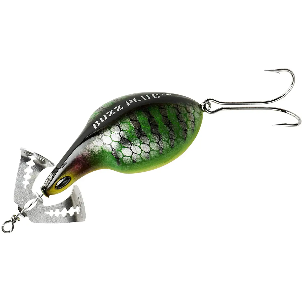 Arbogast Buzz Plug Topwater Fishing Lure - 1 oz, 2 7/8 inches, 3/0 double hooks, built-in action, for perch, bass fishing equipment