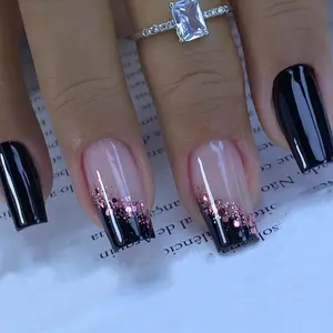 Midnight Shard Glam Press On Nails | CurvLife Nail | 24pcs Long Stiletto Fake Nails | Glossy Finish with Bold Pink Glitter & Black Contrast | Easy to Apply, Comfortable & Long-Lasting | Perfect for Nightclubs, Fashion Shows, After-Parties & Glam Nights