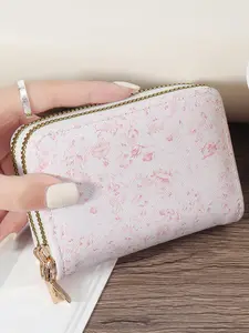 Women's Elegant Floral Pattern Short Wallet, Fashionable Double-layer Zipper Around Wallet, Casual Trendy Versatile High-quality Daily Wallet, Casual Card Holder