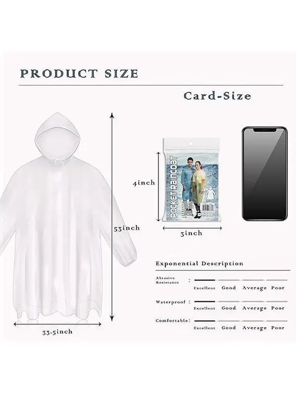 10 Pack Disposable Rain Ponchos for Adults – Emergency Hooded Raincoats, Portable Card Size Travel Ponchos for Camping, Hiking & Outdoor Family Use Weather Protection Menswear