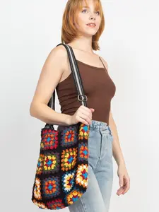 Patchwork Granny Square Shoulder Bag – Boho Crochet Tote with Adjustable Strap | Colorful Knit Purse | Vintage Style Bag with Lining