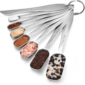 18/8 Stainless Steel Measuring Spoons:  Heavy Duty Rectangular Spoon Square Teaspoon Tablespoon Scoop with Slim Long Handle in Narrow  Jar for Kitchen Baking Cooking (Set of 8 with Leveler)