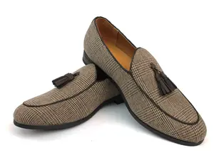 Men's Tan Brown Slip On Loafers Houndstooth Plaid Dress Shoes With Leather Tassels AZARMAN