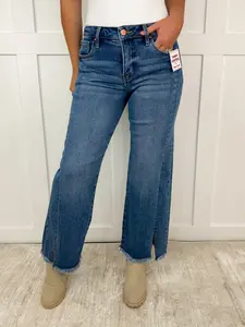 Risen Carrie Tummy Control Mid Rise Fray Hem Wide Leg Cropped Medium Wash Jeans