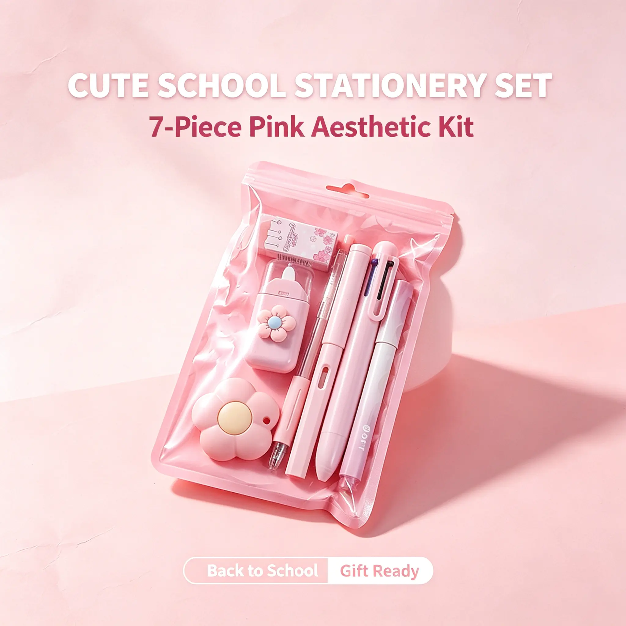 7-Piece Pink-Themed Stationery Multi-Piece Kit, Includes Pens, Correction Tapes, Erasers, Flower Decorative Accessories, Back-to-School Supplies for Girls, Girls' Gift for Teenagers' Birthdays