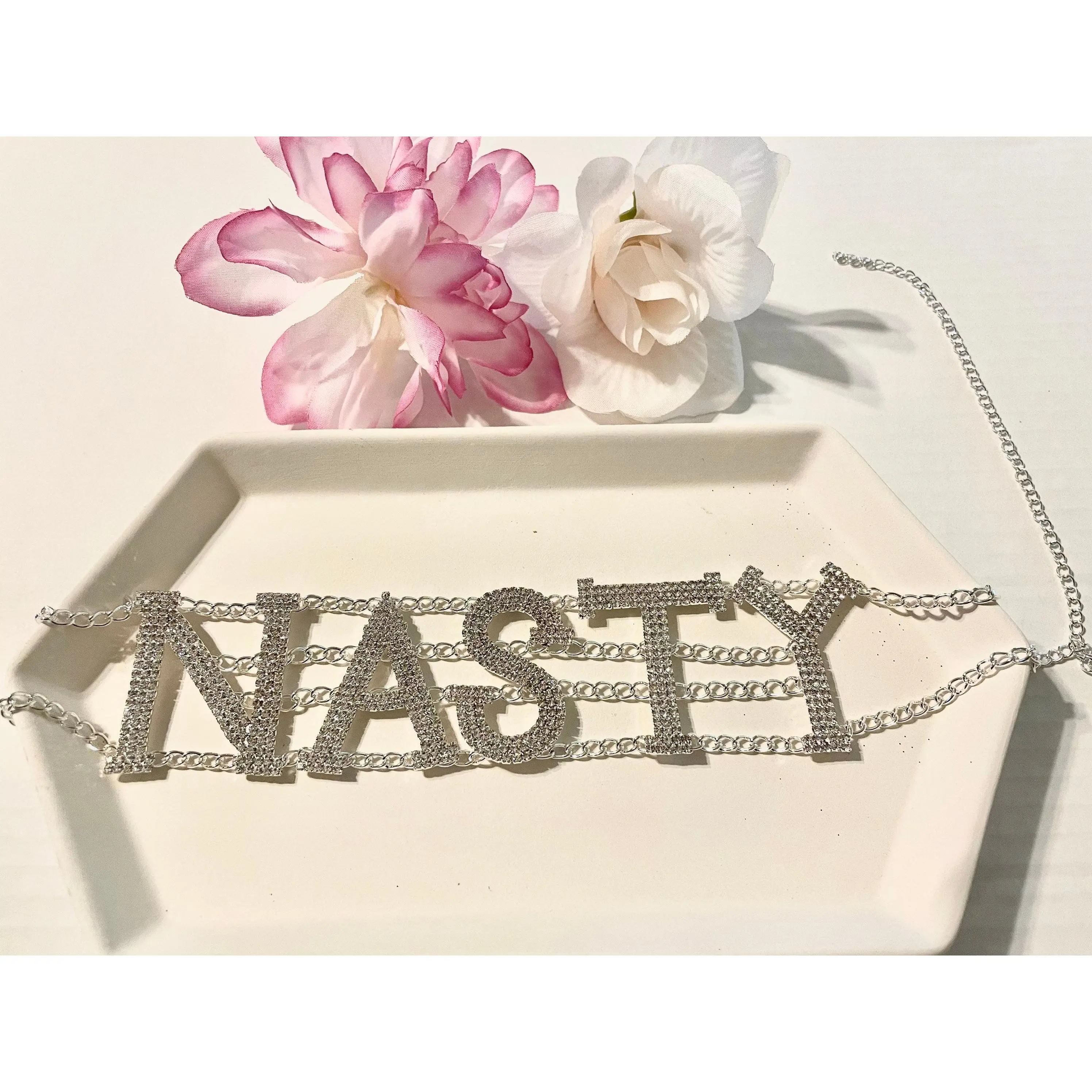 Silver Rhinestone Crystal Custom Word Necklace, Choker Necklace for Women, Choker Collar for Women, Nameplate Necklace, Nasty Choker, Adjust