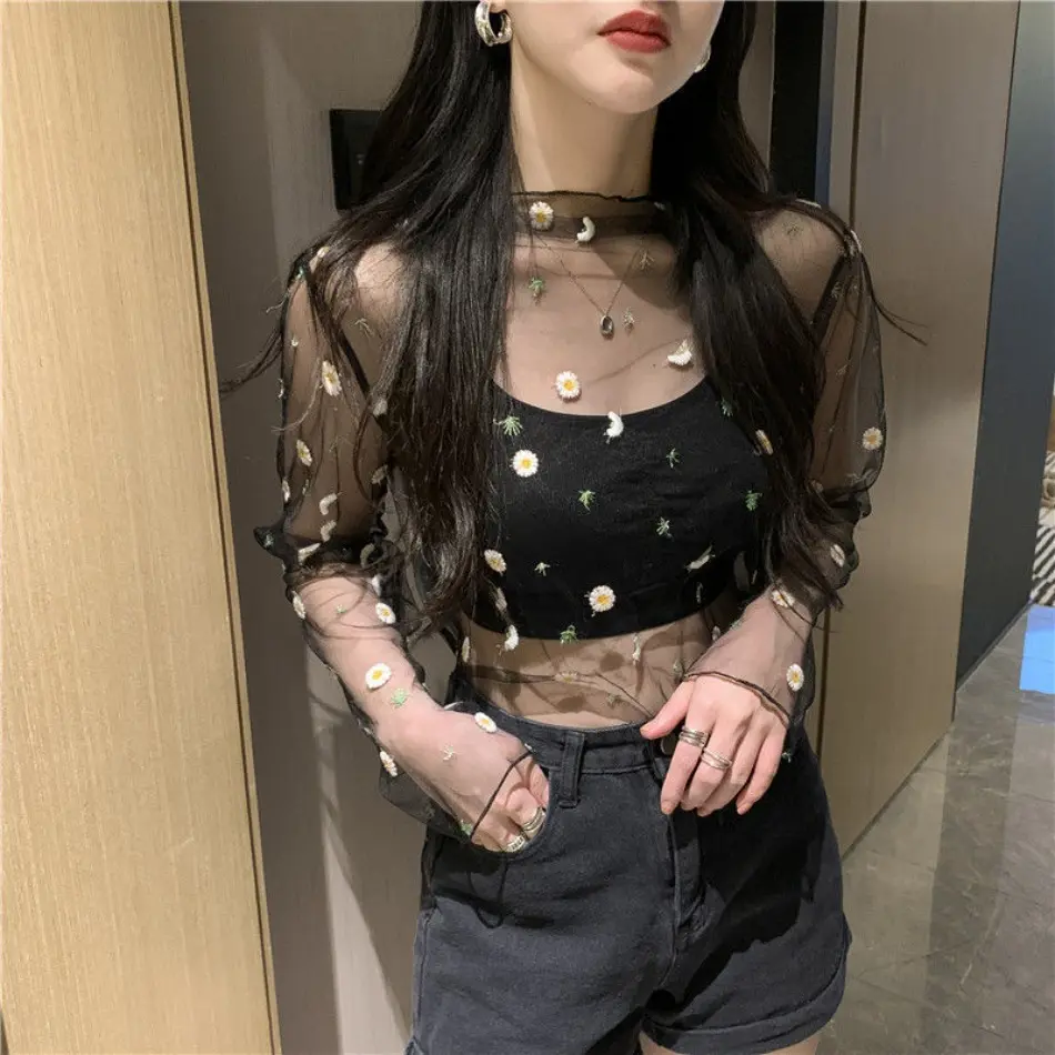 Women's Sheer Mesh Top with Elegant Floral Embroidery, Casual Long Sleeve Slim Fit Boho Blouse, Patterned Cover-Up for Lady, Women's Clothes, Polyester, Blouses Shirts Tops, Boho Chic Blouse