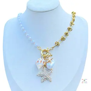 Ocean Dreams Necklace / Chunky Barbed Link & Faux Pearl Link Chain Necklace / Sailor Hook Ocean Dream Charms Necklace lovers
