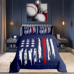 Kids Baseball Gaming Comforter Set,Navy Blue Bedding Set,Boys Girls Teens Bedroom Decor American Flag Coverlet Set,Women Men Ball Games Quilt Set